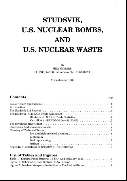 Goldstick, Miles. 1989. Studsvik, U.S. Nuclear Bombs, and U.S. Nuclear Waste