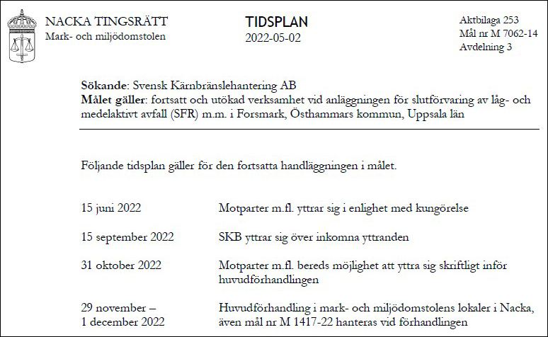 Huvudförhandling i mark- och miljödomstolens mål M 7062-14 och M 1417-22 ang. slutförvaring av låg- och medelaktivt avfall (SFR) m.m. i Forsmark, Östhammars kommun, Uppsala län Huvudförhandling i mark- och miljödomstolens mål M 7062-14 och M 1417-22 ang. slutförvaring av låg- och medelaktivt avfall (SFR) m.m. i Forsmark, Östhammars kommun, Uppsala län