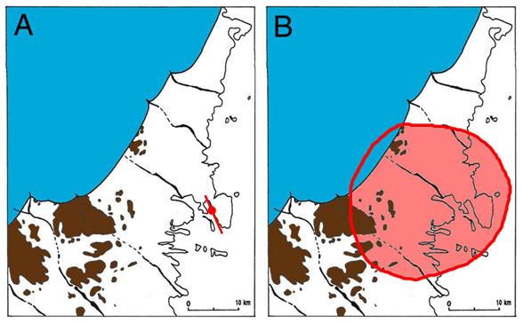 Fig. 12. Hudiksvallstrakten vid tiden för jordbävningen 9663 år BP: istäcke (blått), land (brunt) och resten täckt av Östersjön. A: med läget för förkastning (röd linje) och epicenter (röd prick). B: område över vilket vi karterat och mätt in sprickor, förskjutningar och grottbildningar i berggrunden i storleks flera dm upp till flera meter, alltså totalt andra värden än de som SKB använder i sina modeller (Fig. 9; gult mot blått fält).