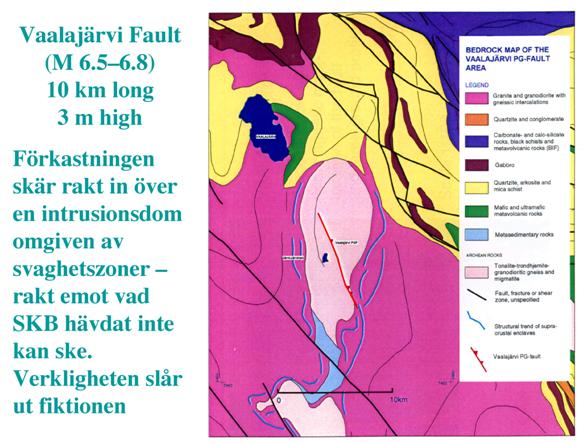 Fig. 13. I denna bild från Finland faller talet om förekomsten av ”stabila urbergsplintar”. Den centrala urbergsplinten av gnejs (ljust rosa) är omgiven av svaghetszoner och förkastningar – vilka enligt SKB:s påstående skulle ”ta upp rörelserna” – lik förbannat blev denna plint genomskuren av en stor förkastning efter istiden (röd linje). Verkligheten slår ut fiktionen.